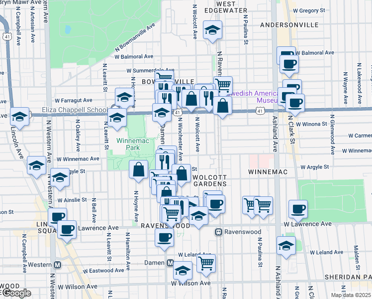 map of restaurants, bars, coffee shops, grocery stores, and more near 5016 North Winchester Avenue in Chicago