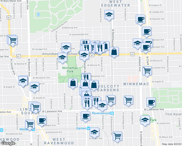 map of restaurants, bars, coffee shops, grocery stores, and more near 5021 North Winchester Avenue in Chicago