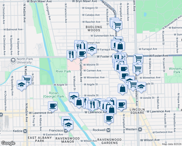 map of restaurants, bars, coffee shops, grocery stores, and more near 2725 West Winnemac Avenue in Chicago