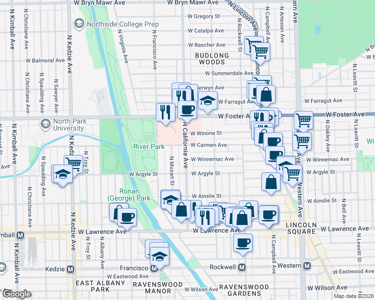 map of restaurants, bars, coffee shops, grocery stores, and more near 5026 North California Avenue in Chicago