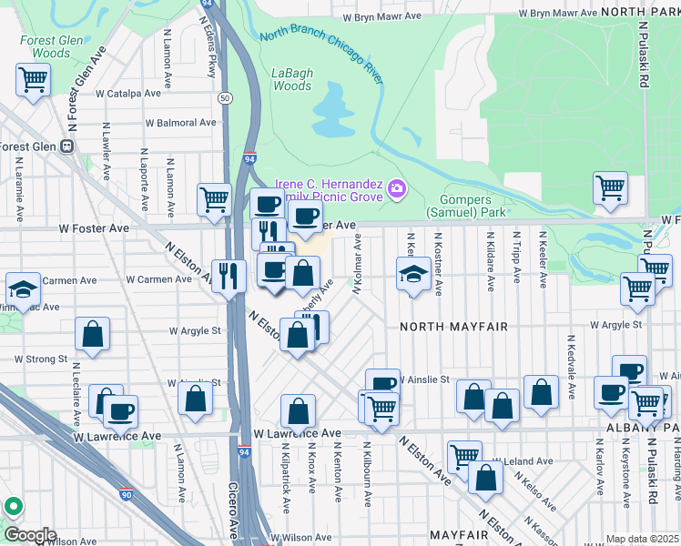 map of restaurants, bars, coffee shops, grocery stores, and more near 5048 North Kolmar Avenue in Chicago