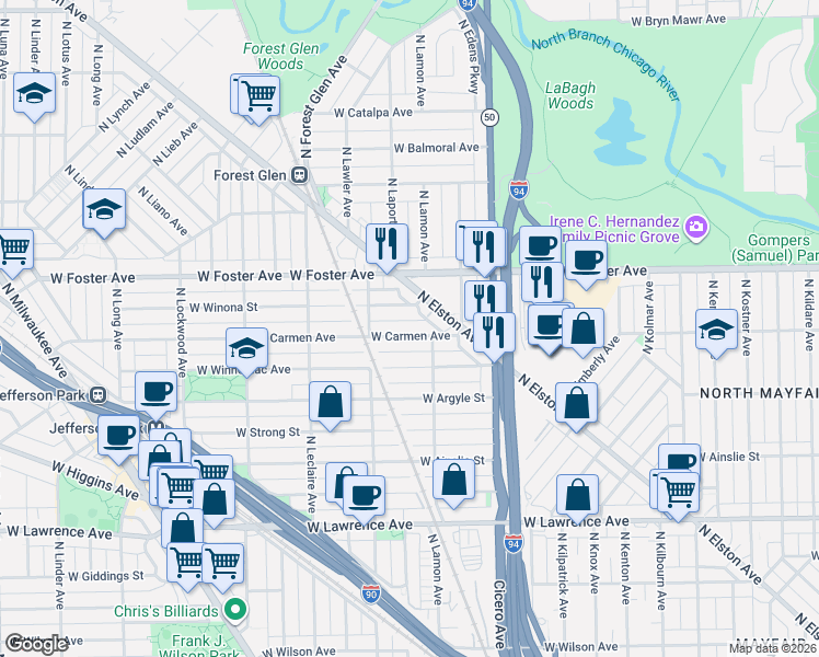 map of restaurants, bars, coffee shops, grocery stores, and more near 4926 West Winnemac Avenue in Chicago