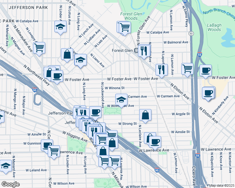 map of restaurants, bars, coffee shops, grocery stores, and more near 5159 West Carmen Avenue in Chicago