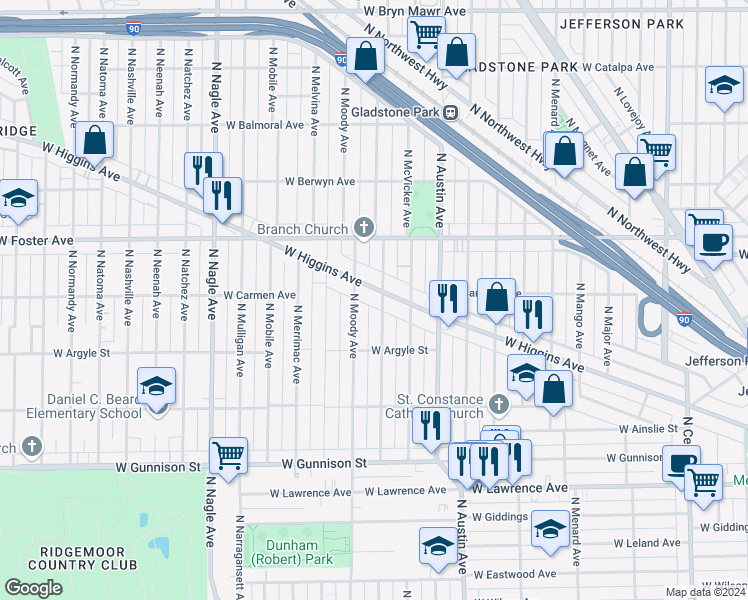 map of restaurants, bars, coffee shops, grocery stores, and more near 5031 North Moody Avenue in Chicago