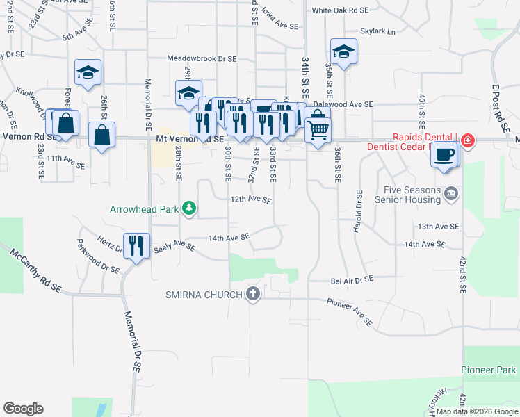 map of restaurants, bars, coffee shops, grocery stores, and more near 3214 14th Avenue Southeast in Cedar Rapids