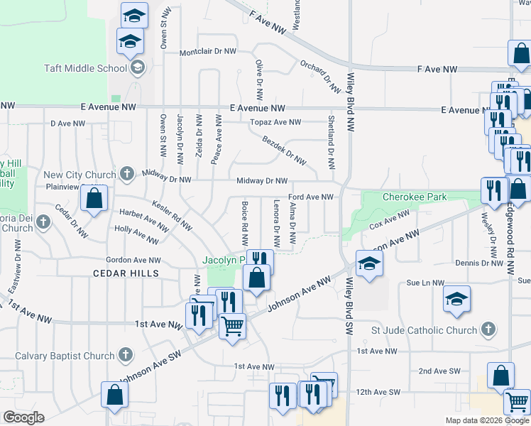 map of restaurants, bars, coffee shops, grocery stores, and more near 251 Drinkward Street Northwest in Cedar Rapids