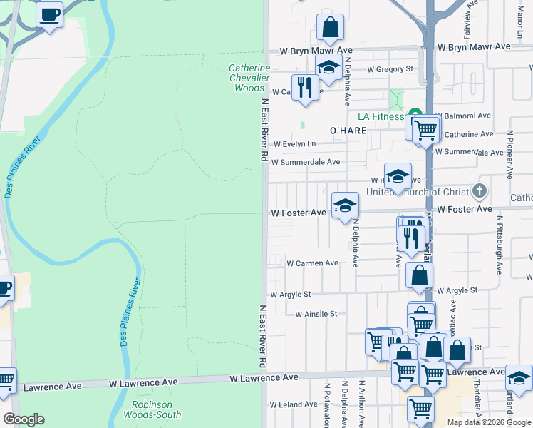 map of restaurants, bars, coffee shops, grocery stores, and more near W Foster Ave & N East River Rd in Chicago