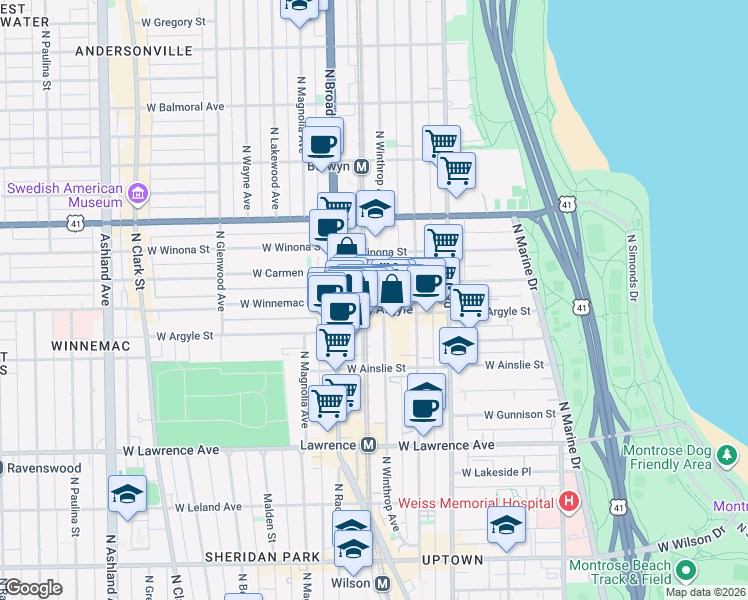 map of restaurants, bars, coffee shops, grocery stores, and more near 5012 North Winthrop Avenue in Chicago
