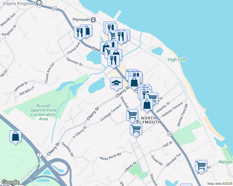 map of restaurants, bars, coffee shops, grocery stores, and more near 258 Standish Avenue in Plymouth