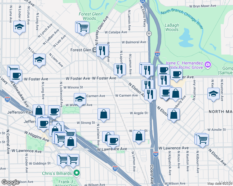 map of restaurants, bars, coffee shops, grocery stores, and more near 5001 West Carmen Avenue in Chicago