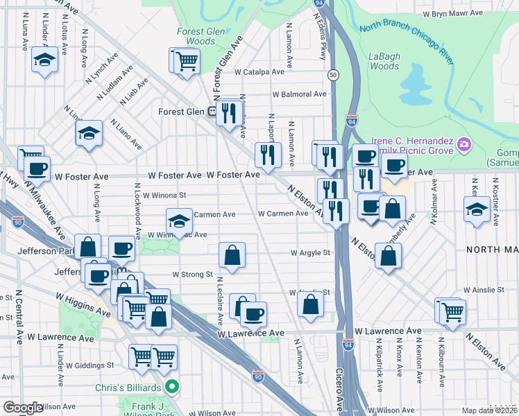map of restaurants, bars, coffee shops, grocery stores, and more near 5001 West Carmen Avenue in Chicago