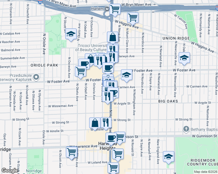 map of restaurants, bars, coffee shops, grocery stores, and more near 5037 North Harlem Avenue in Chicago