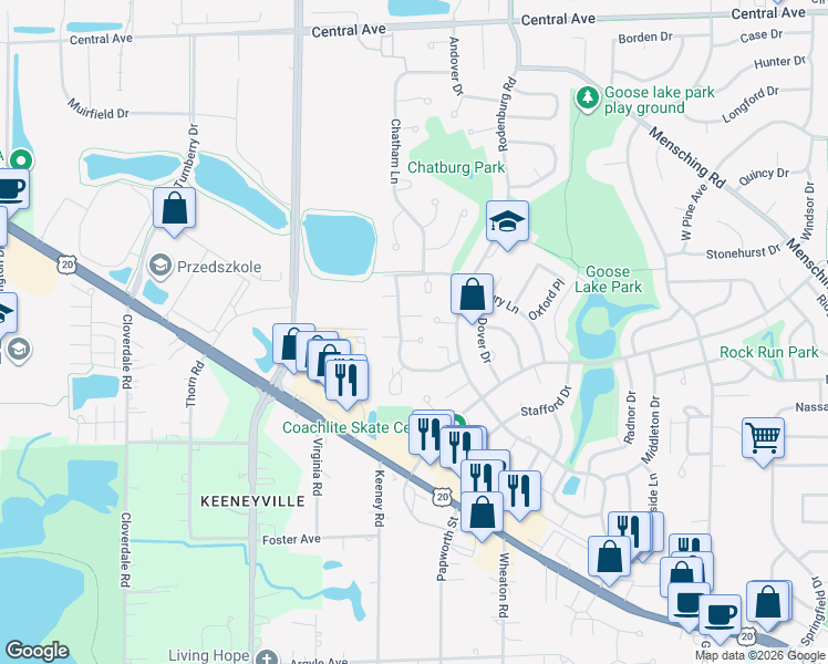map of restaurants, bars, coffee shops, grocery stores, and more near 1352 Oxford Circle in Roselle
