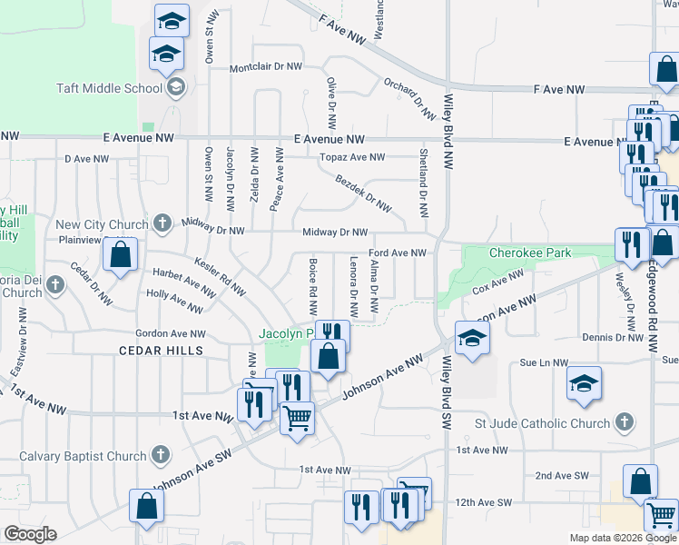 map of restaurants, bars, coffee shops, grocery stores, and more near 251 Drinkward Street Northwest in Cedar Rapids