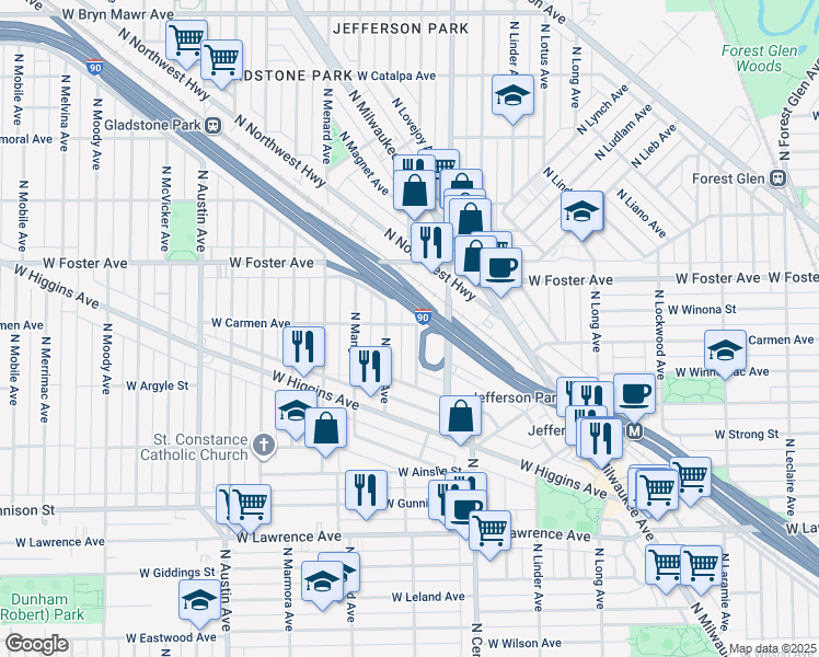 map of restaurants, bars, coffee shops, grocery stores, and more near 5631 West Carmen Avenue in Chicago
