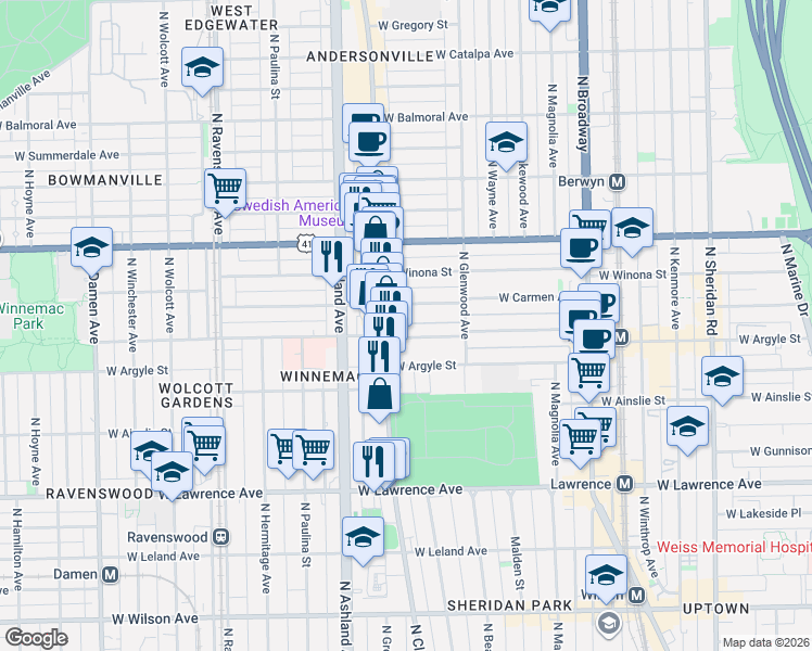 map of restaurants, bars, coffee shops, grocery stores, and more near 5015 North Clark Street in Chicago
