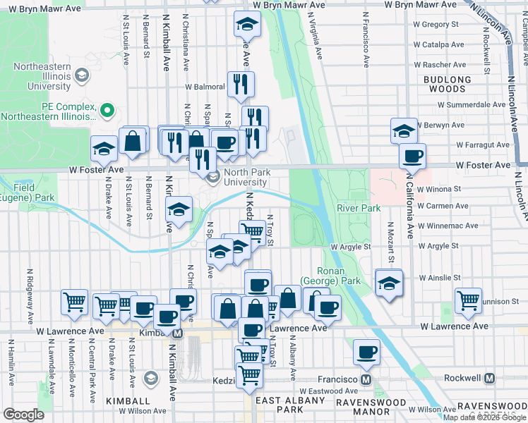 map of restaurants, bars, coffee shops, grocery stores, and more near 5054 North Troy Street in Chicago
