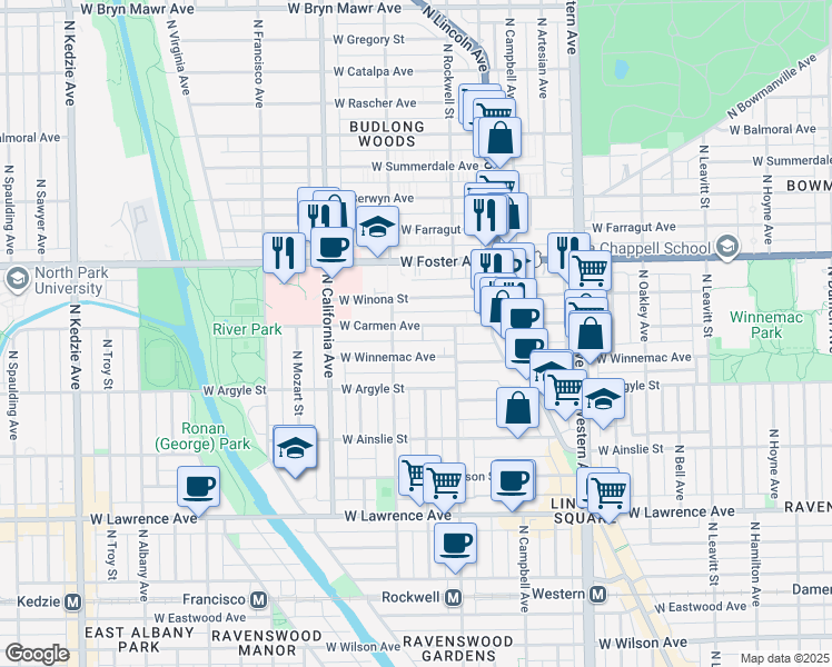 map of restaurants, bars, coffee shops, grocery stores, and more near 2651 West Winona Street in Chicago