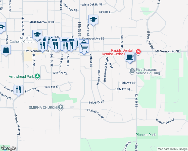 map of restaurants, bars, coffee shops, grocery stores, and more near 1117 Harold Drive Southeast in Cedar Rapids