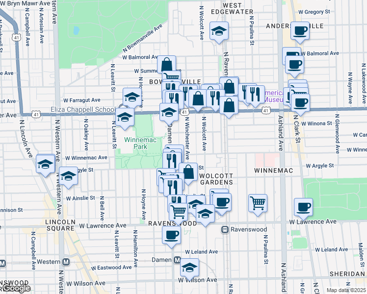 map of restaurants, bars, coffee shops, grocery stores, and more near 5074 North Winchester Avenue in Chicago