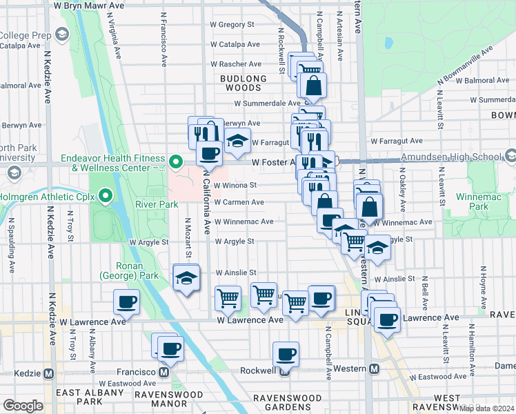 map of restaurants, bars, coffee shops, grocery stores, and more near 2651 West Winona Street in Chicago