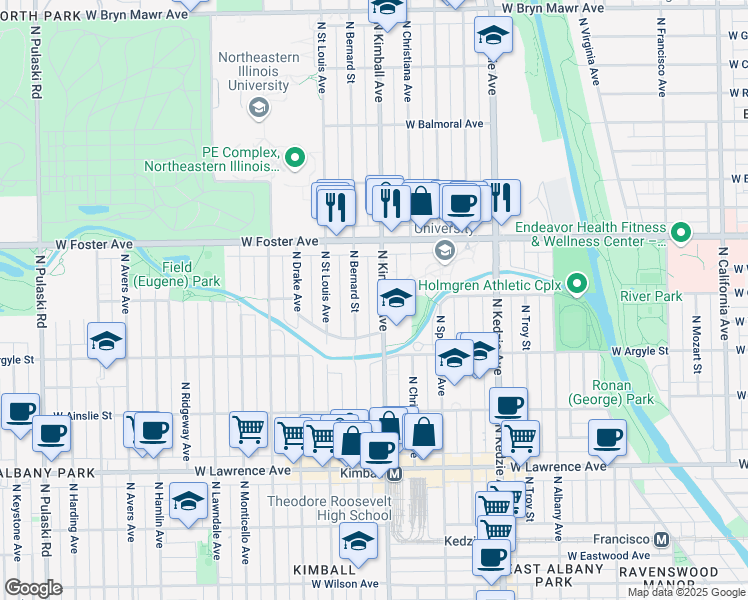 map of restaurants, bars, coffee shops, grocery stores, and more near 5116 North Kimball Avenue in Chicago