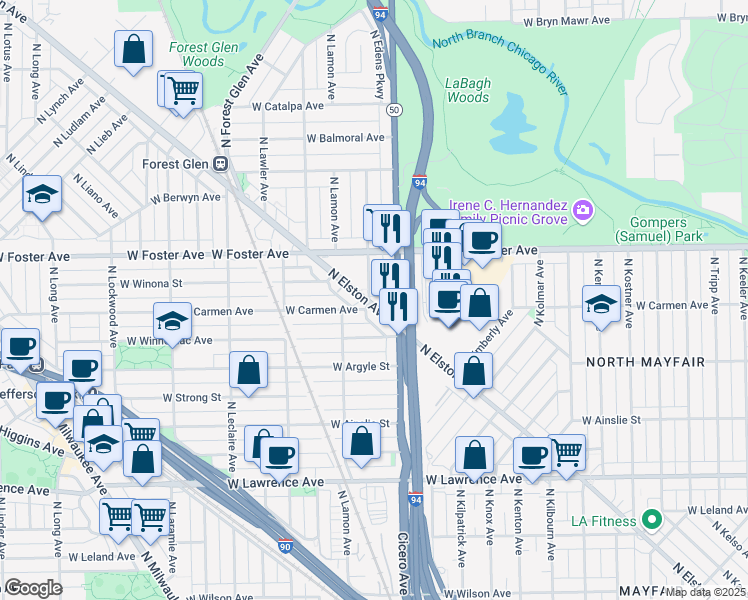 map of restaurants, bars, coffee shops, grocery stores, and more near 5130 North Cicero Avenue in Chicago