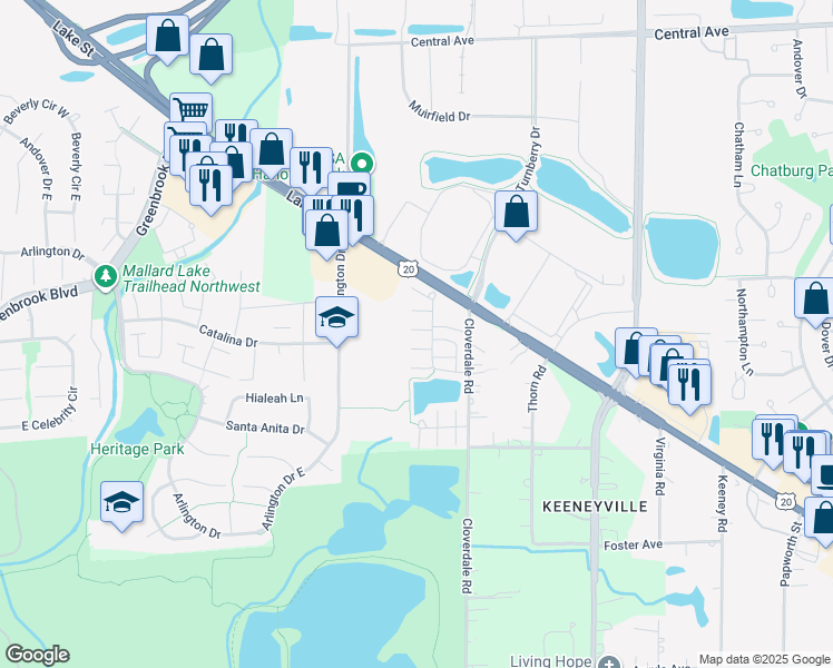 map of restaurants, bars, coffee shops, grocery stores, and more near 5641 Cambridge Way in Hanover Park