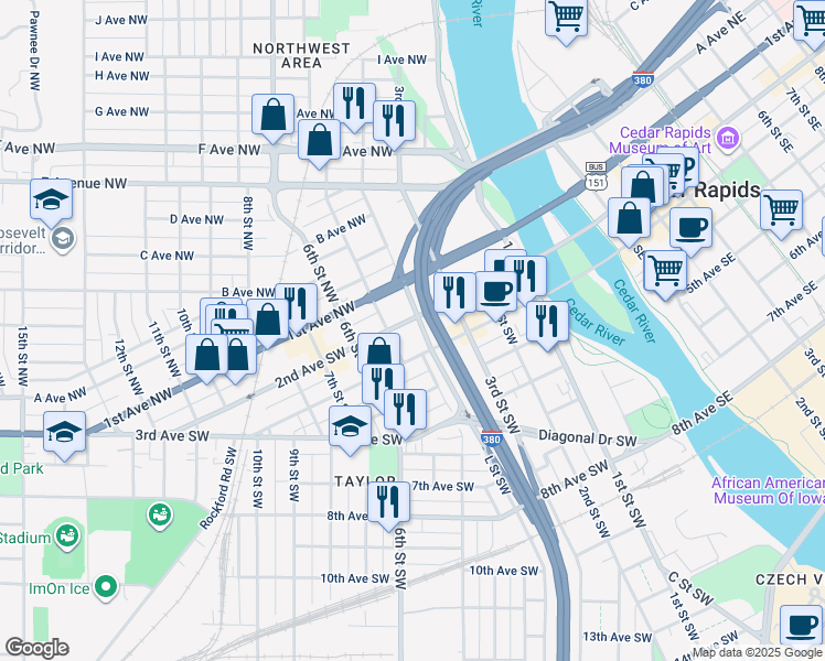 map of restaurants, bars, coffee shops, grocery stores, and more near 346 2nd Avenue Southwest in Cedar Rapids