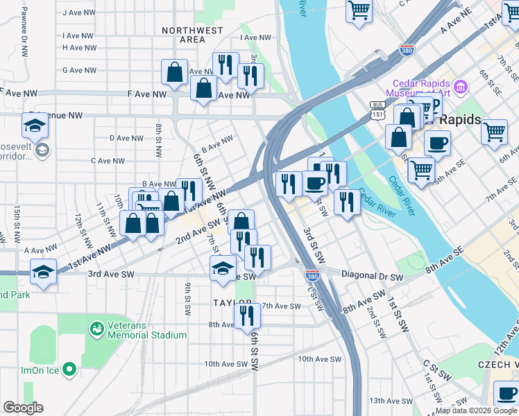 map of restaurants, bars, coffee shops, grocery stores, and more near 346 2nd Avenue Southwest in Cedar Rapids