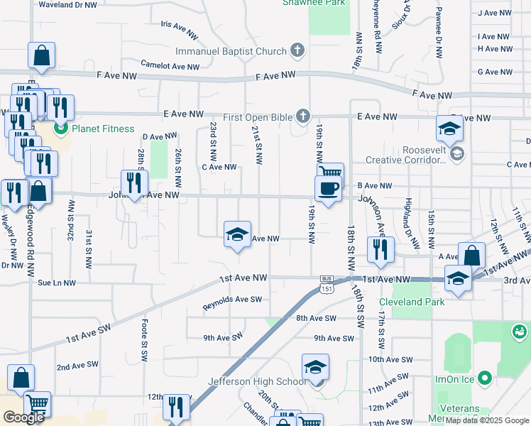 map of restaurants, bars, coffee shops, grocery stores, and more near 2103 Johnson Avenue Northwest in Cedar Rapids