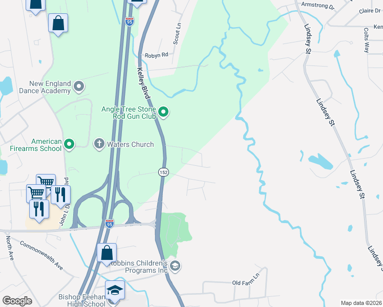 map of restaurants, bars, coffee shops, grocery stores, and more near 21 Medbury Road in North Attleborough