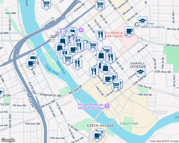map of restaurants, bars, coffee shops, grocery stores, and more near 601 3rd Street Southeast in Mount Vernon