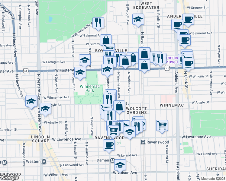 map of restaurants, bars, coffee shops, grocery stores, and more near 5074 North Winchester Avenue in Chicago