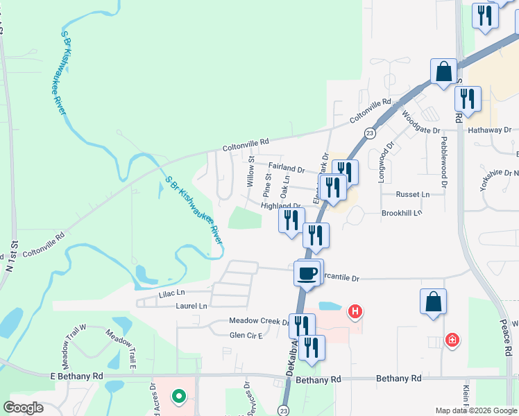 map of restaurants, bars, coffee shops, grocery stores, and more near 2304 Highland Drive in Sycamore