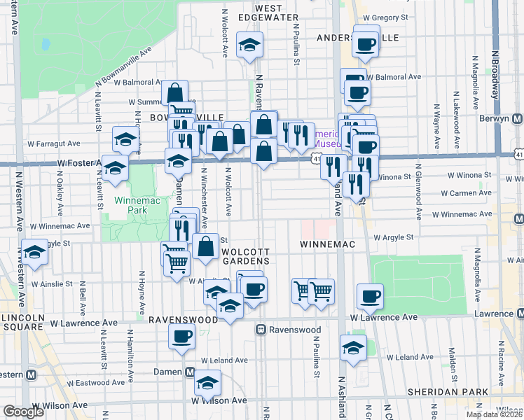 map of restaurants, bars, coffee shops, grocery stores, and more near North Ravenswood Avenue in Chicago
