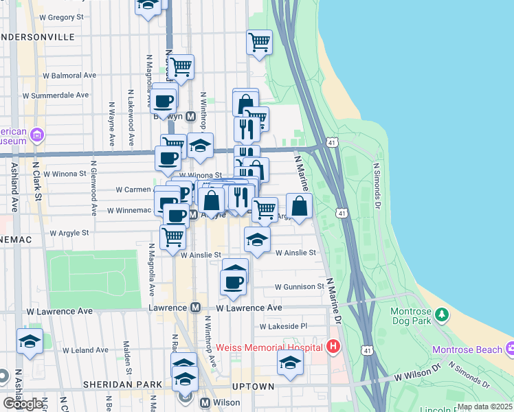 map of restaurants, bars, coffee shops, grocery stores, and more near 932 West Carmen Avenue in Chicago