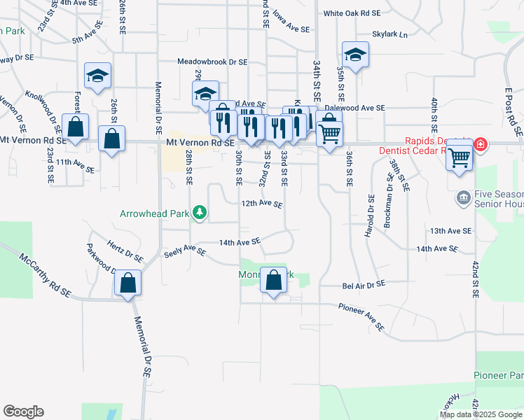map of restaurants, bars, coffee shops, grocery stores, and more near 1116 32nd Street Southeast in Cedar Rapids