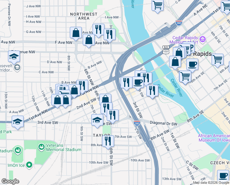 map of restaurants, bars, coffee shops, grocery stores, and more near 346 2nd Avenue Southwest in Cedar Rapids