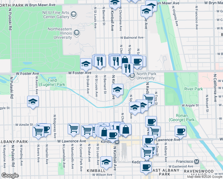 map of restaurants, bars, coffee shops, grocery stores, and more near 5062 North Kimball Avenue in Chicago