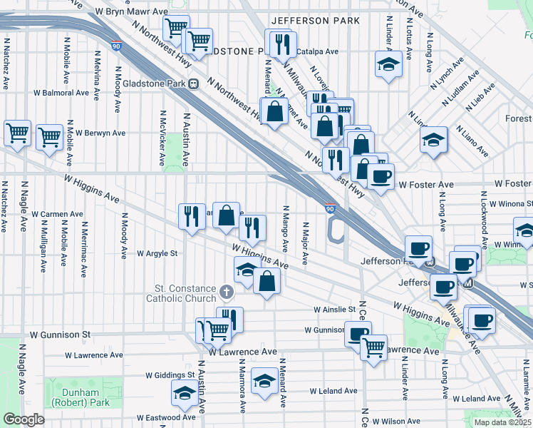 map of restaurants, bars, coffee shops, grocery stores, and more near North Menard Avenue & West Carmen Avenue in Chicago