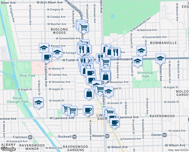 map of restaurants, bars, coffee shops, grocery stores, and more near 2439 West Carmen Avenue in Chicago
