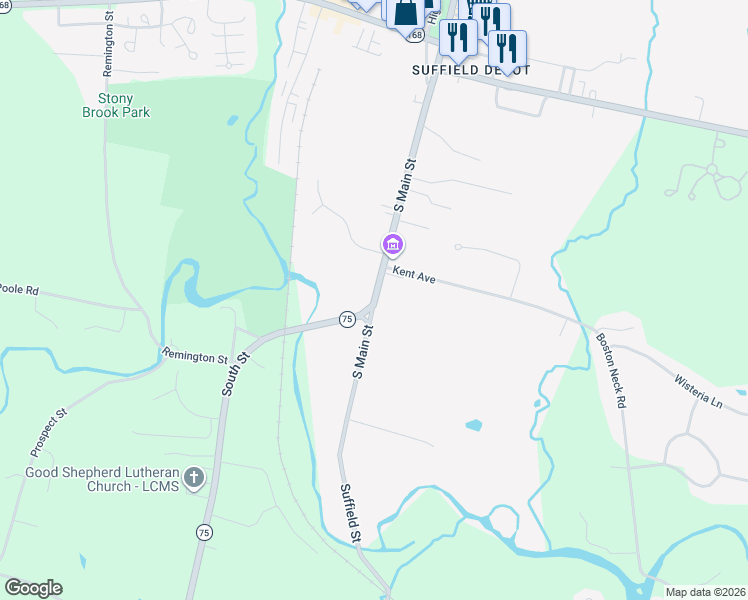 map of restaurants, bars, coffee shops, grocery stores, and more near 289 South Main Street in Suffield
