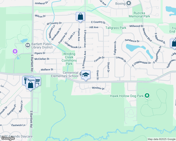 map of restaurants, bars, coffee shops, grocery stores, and more near 255 Ewell Court in Bartlett