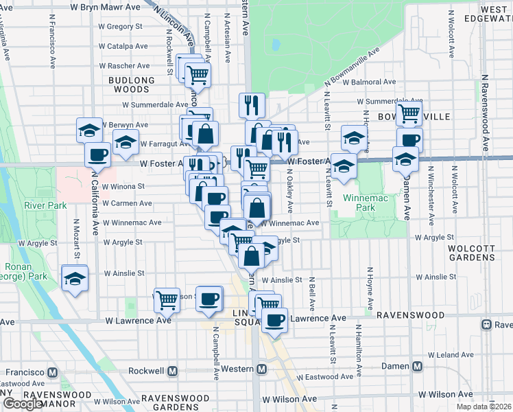 map of restaurants, bars, coffee shops, grocery stores, and more near 5055 North Western Avenue in Chicago