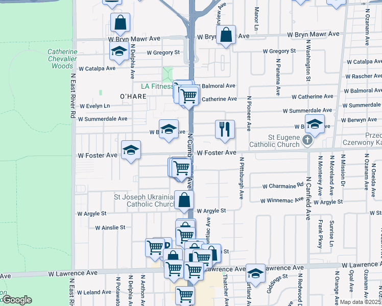 map of restaurants, bars, coffee shops, grocery stores, and more near N Cumberland Ave & W Foster Ave in Norridge