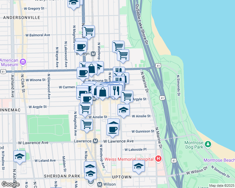 map of restaurants, bars, coffee shops, grocery stores, and more near 5036 North Sheridan Road in Chicago