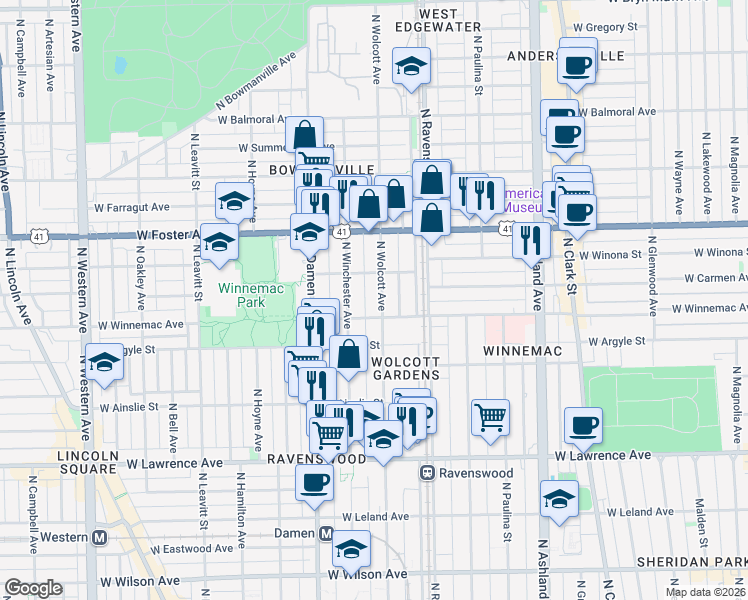 map of restaurants, bars, coffee shops, grocery stores, and more near 5046 North Wolcott Avenue in Chicago
