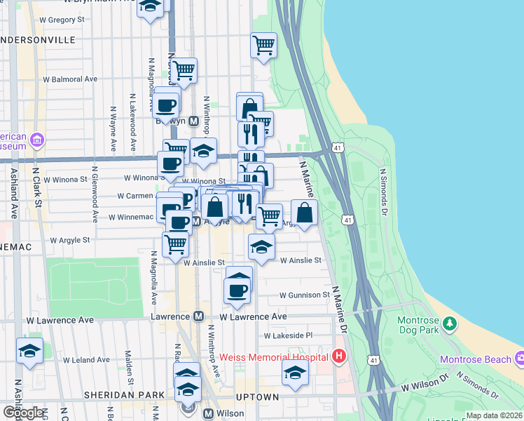 map of restaurants, bars, coffee shops, grocery stores, and more near 932 West Carmen Avenue in Chicago