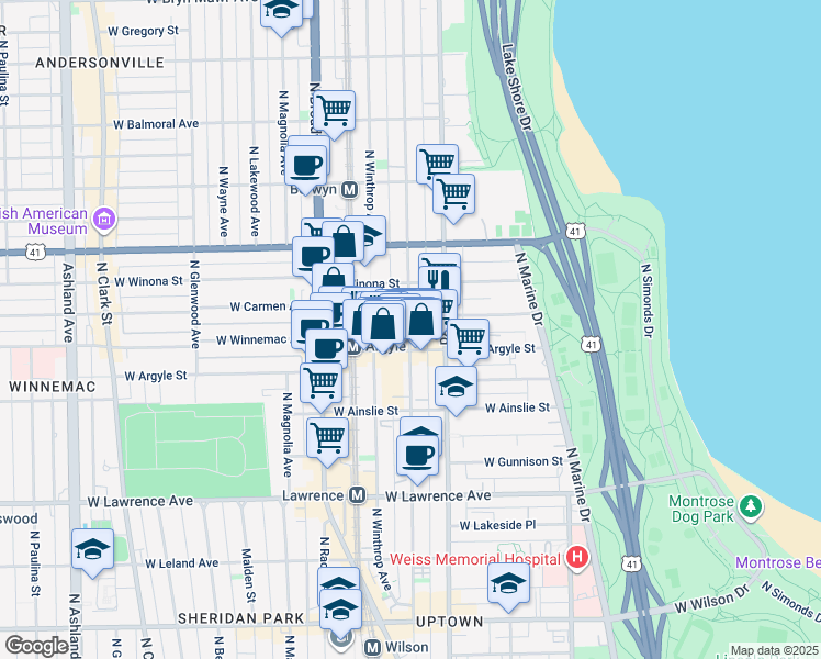 map of restaurants, bars, coffee shops, grocery stores, and more near 5048 North Kenmore Avenue in Chicago